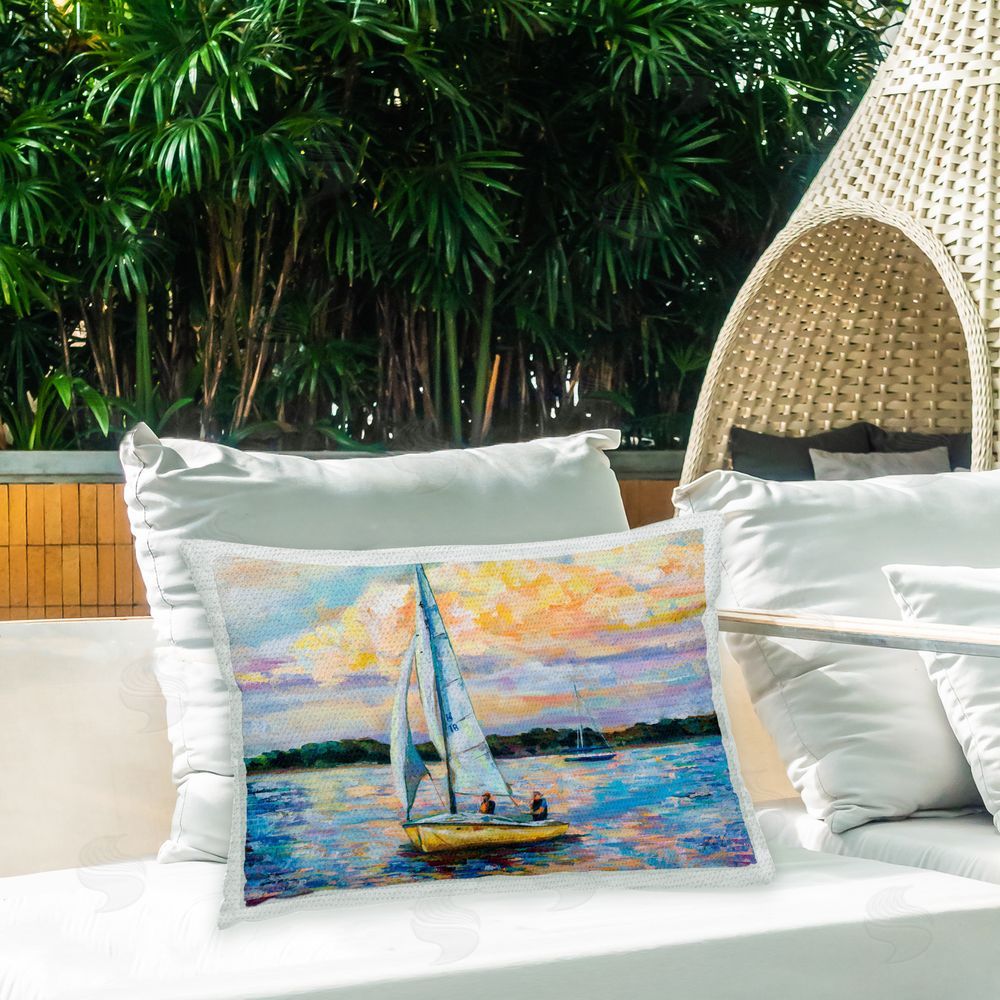 Jeanette Vertentes Modern Sailboat Sunrise Outdoor Quick-Dry Polyester Printed Throw Pillow in Back Yard
