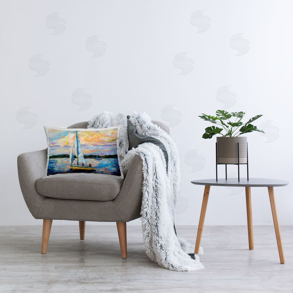 Jeanette Vertentes Modern Sailboat Sunrise Printed Plush Polyester Throw Pillow On Chair