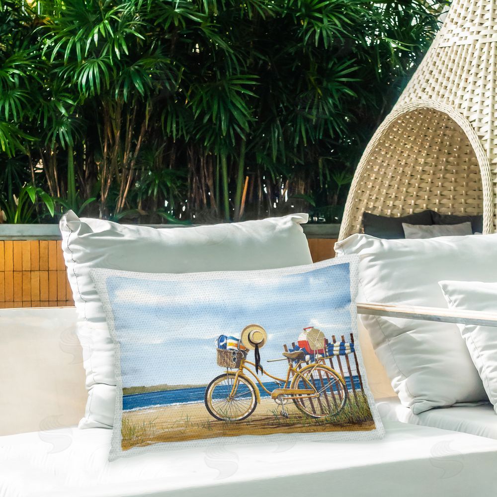 John Rossini Seaside Bicycle Scene Outdoor Quick-Dry Polyester Printed Throw Pillow in Back Yard