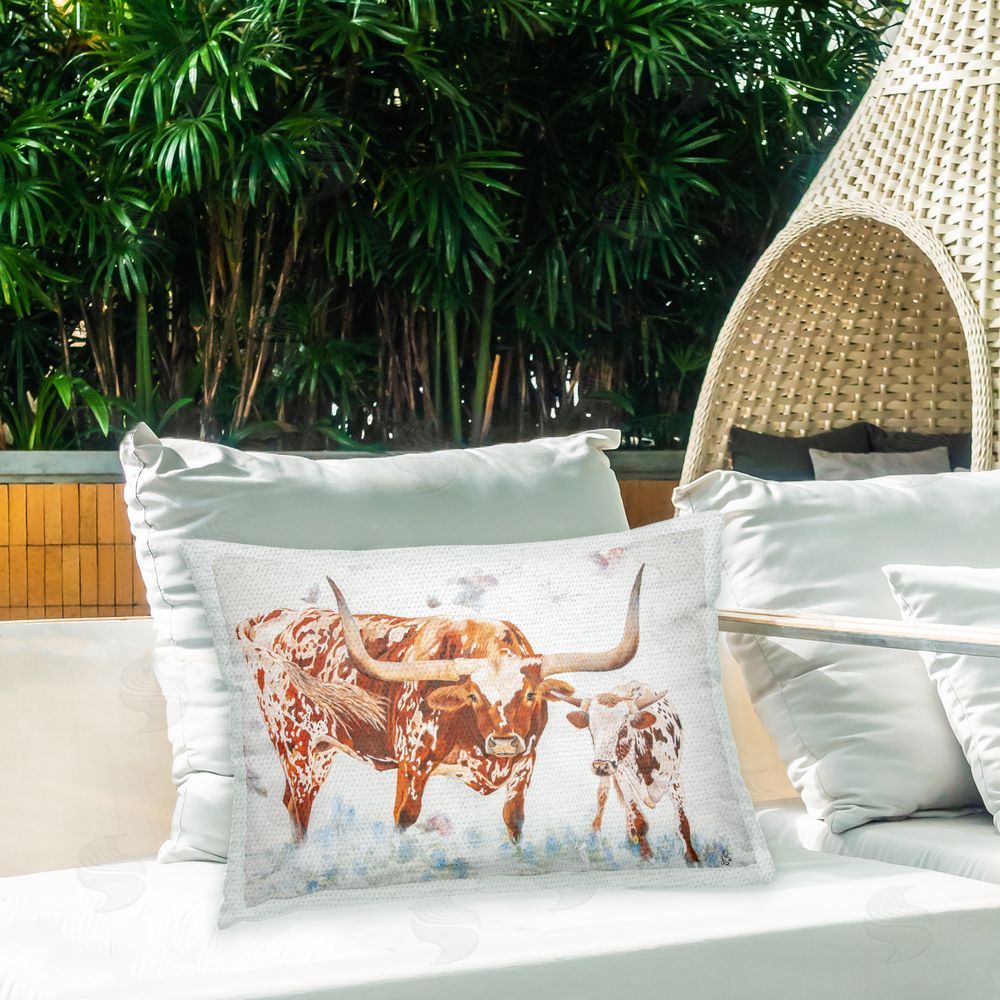 Diane Fifer Longhorn Cow & Calf Outdoor Quick-Dry Polyester Printed Throw Pillow in Back Yard