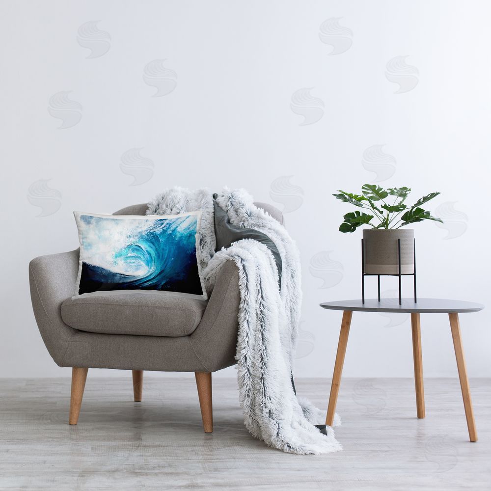 Ziwei Li Blue Tsunami Wave Printed Plush Polyester Throw Pillow On Chair