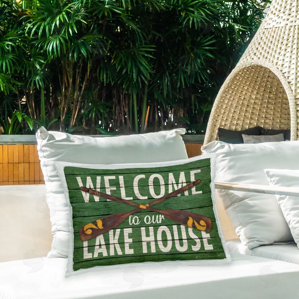 Stephanie Workman Marrott Green Welcome Lake House Outdoor Quick-Dry Polyester Printed Throw Pillow in Back Yard