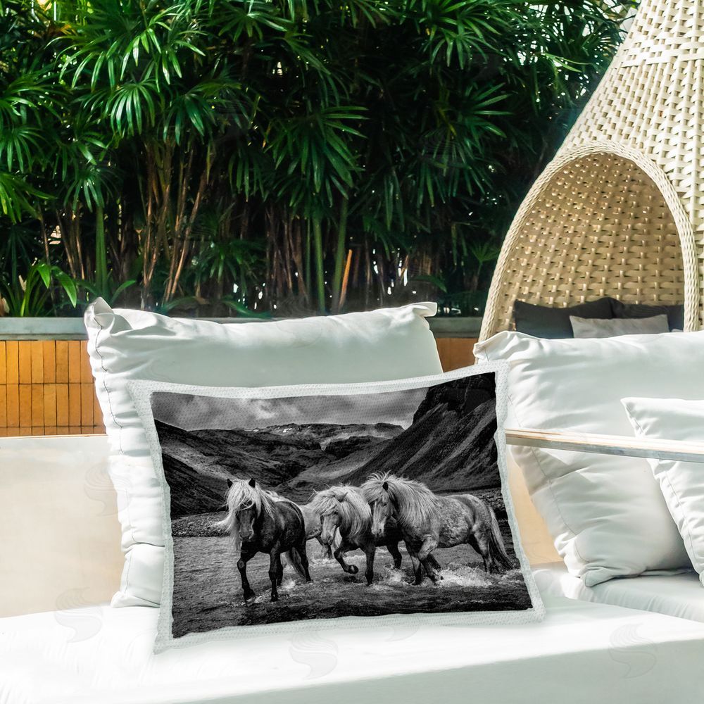PH Burchett Horses Splashing in River Outdoor Quick-Dry Polyester Printed Throw Pillow in Back Yard