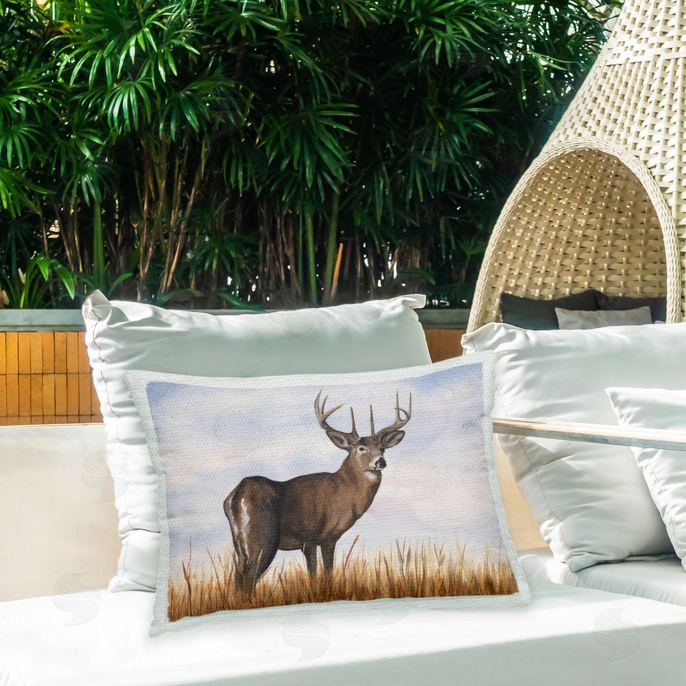 Michael Willett Elk in Rural Scenery Outdoor Quick-Dry Polyester Printed Throw Pillow in Back Yard