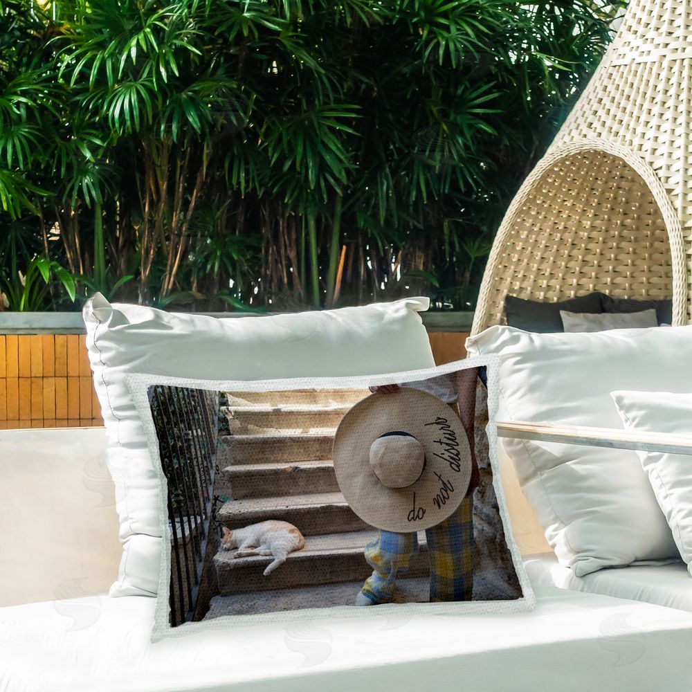 Tilman Wagner Sleeping Cat Do Not Disturb Outdoor Quick-Dry Polyester Printed Throw Pillow in Back Yard