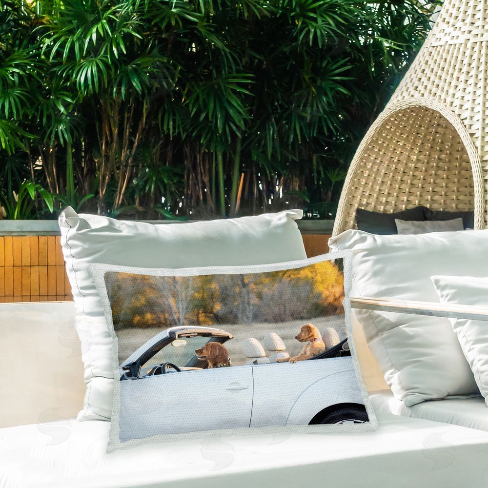 Karen Hoglund Dogs Driving Convertible Outdoor Quick-Dry Polyester Printed Throw Pillow in Back Yard