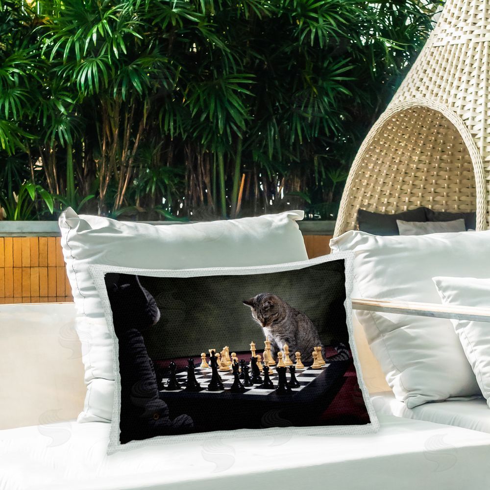 Jonathan Casey Funny Cats Playing Chess Outdoor Quick-Dry Polyester Printed Throw Pillow in Back Yard