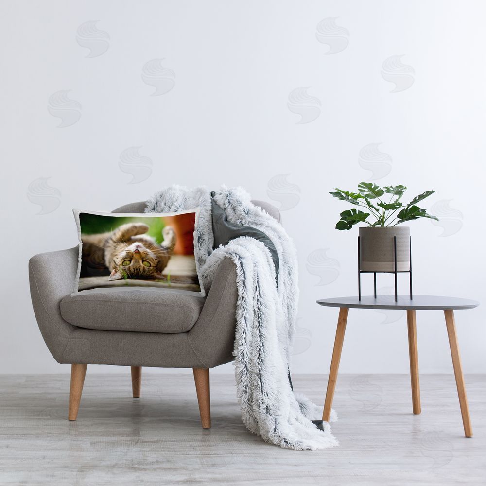 Jonathan Casey Cat Laying Upside Down Printed Plush Polyester Throw Pillow On Chair