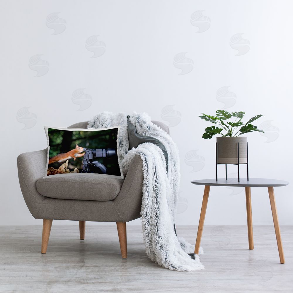 Julie Hunt Funny Photographer Squirrel Printed Plush Polyester Throw Pillow On Chair