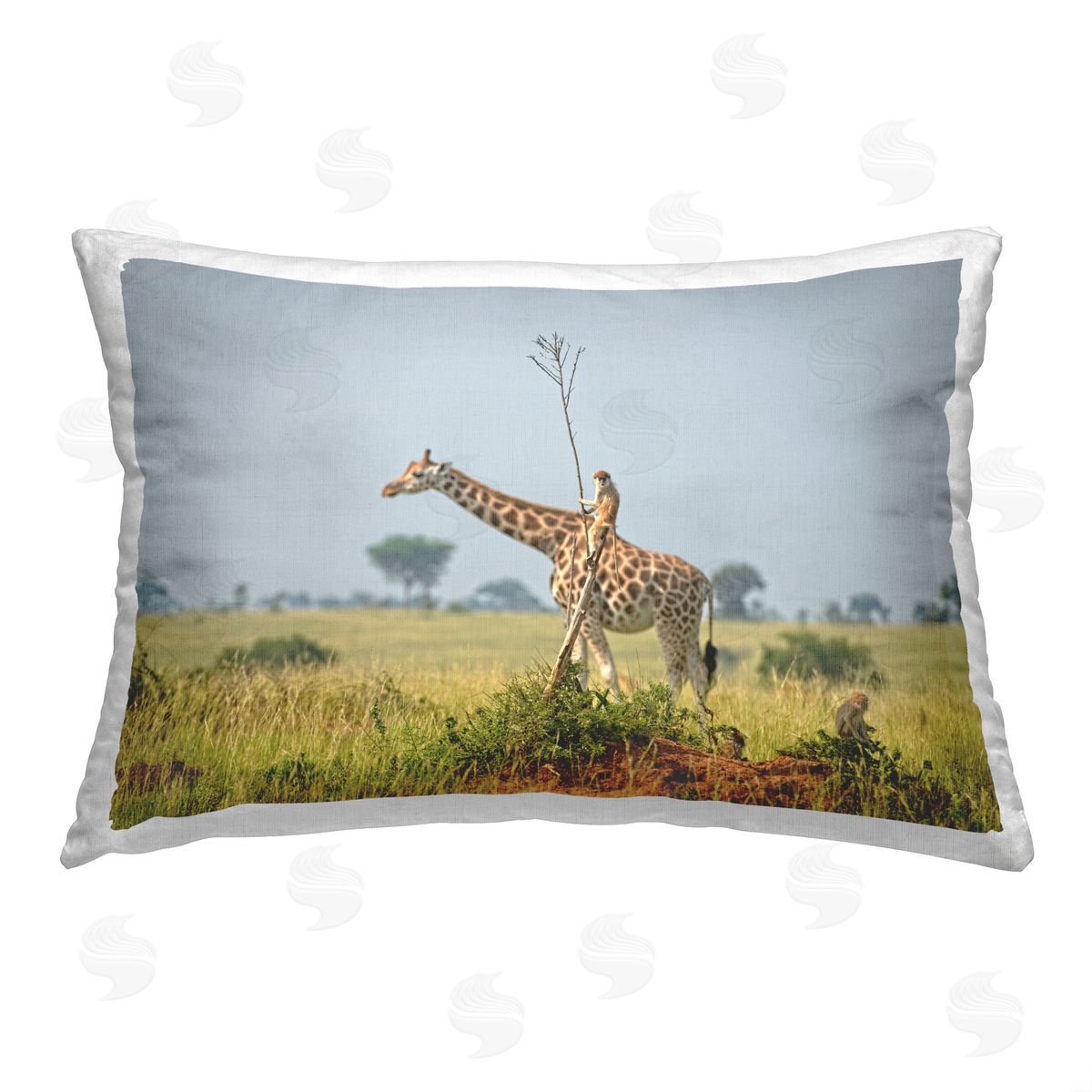 Dirk Jan Steehouwer Giraffe & Monkey Landscape Printed Plush Polyester Throw Pillow