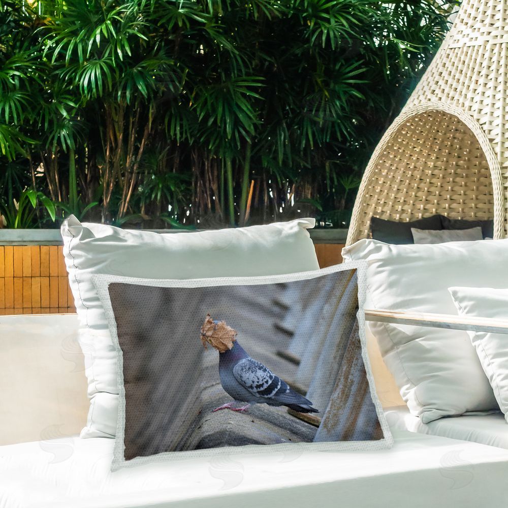 John Speirs Pigeon & Leaf Humor Outdoor Quick-Dry Polyester Printed Throw Pillow in Back Yard
