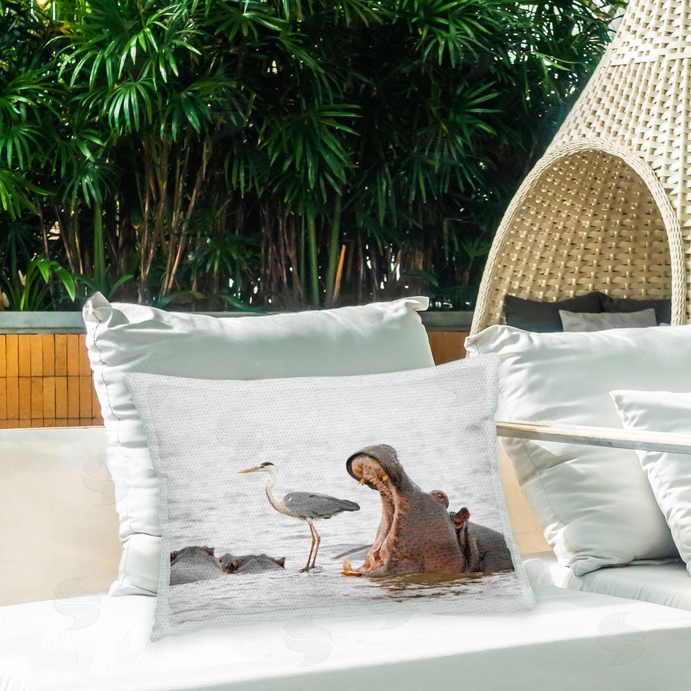 Jean Jacques Alcalay Hippo & Heron Scene Outdoor Quick-Dry Polyester Printed Throw Pillow in Back Yard