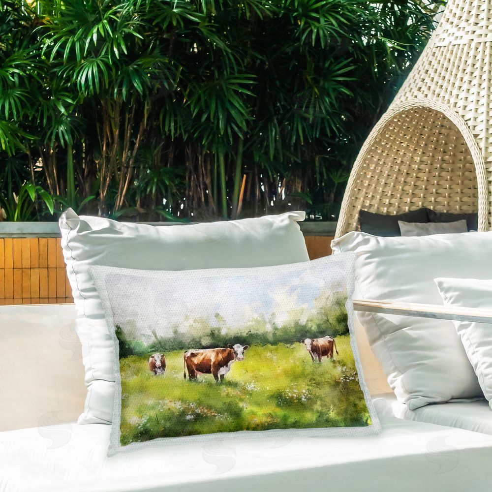 Ziwei Li Charming Cows in Field Outdoor Quick-Dry Polyester Printed Throw Pillow in Back Yard