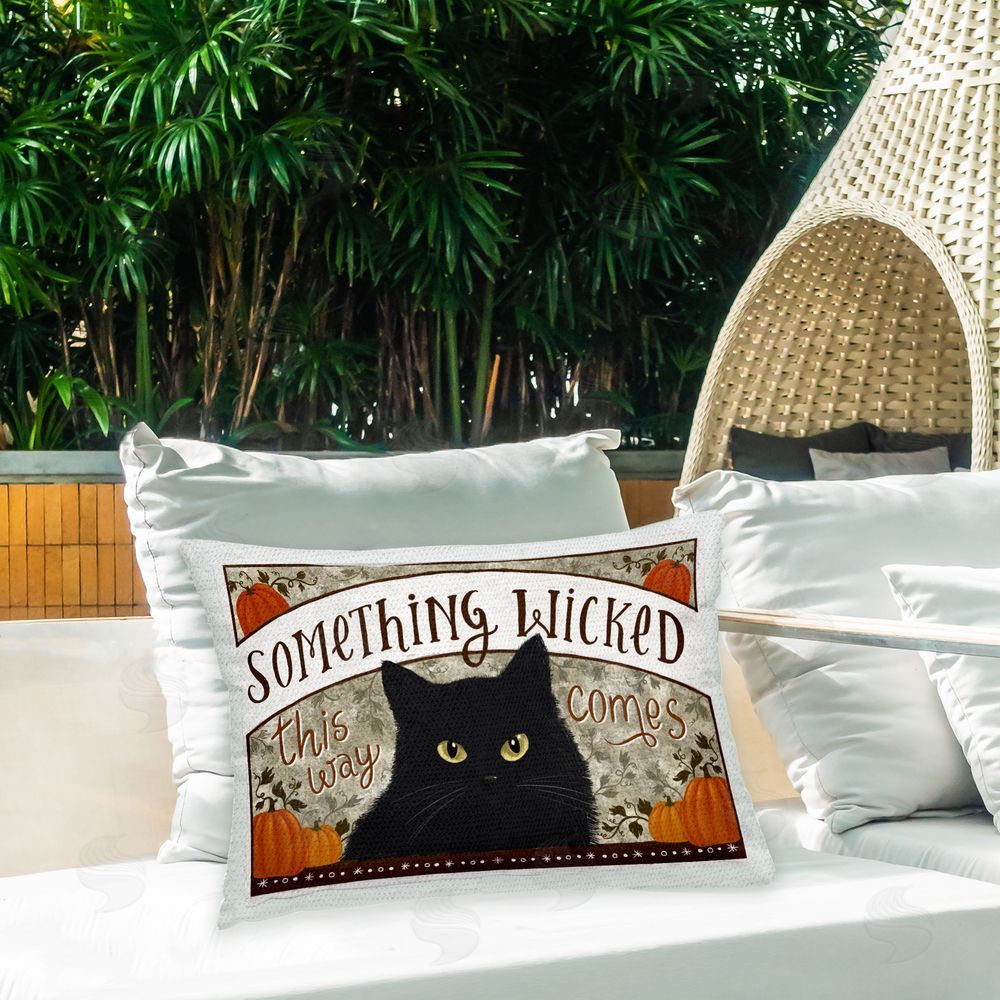 Raquel Maciel Something Wicked Halloween Cat Outdoor Quick-Dry Polyester Printed Throw Pillow in Back Yard