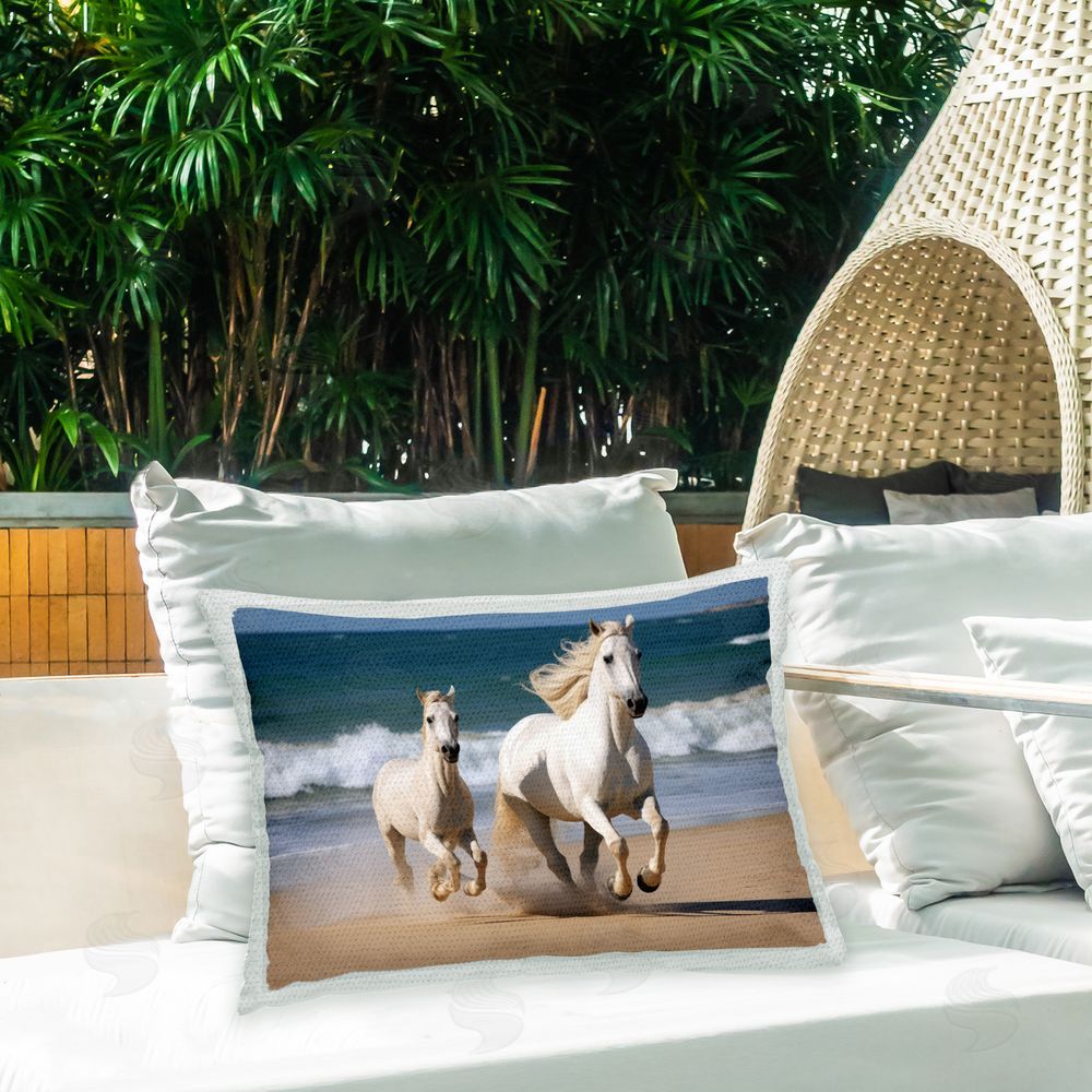 Ray Powers Seaside Galloping Horses Outdoor Quick-Dry Polyester Printed Throw Pillow in Back Yard