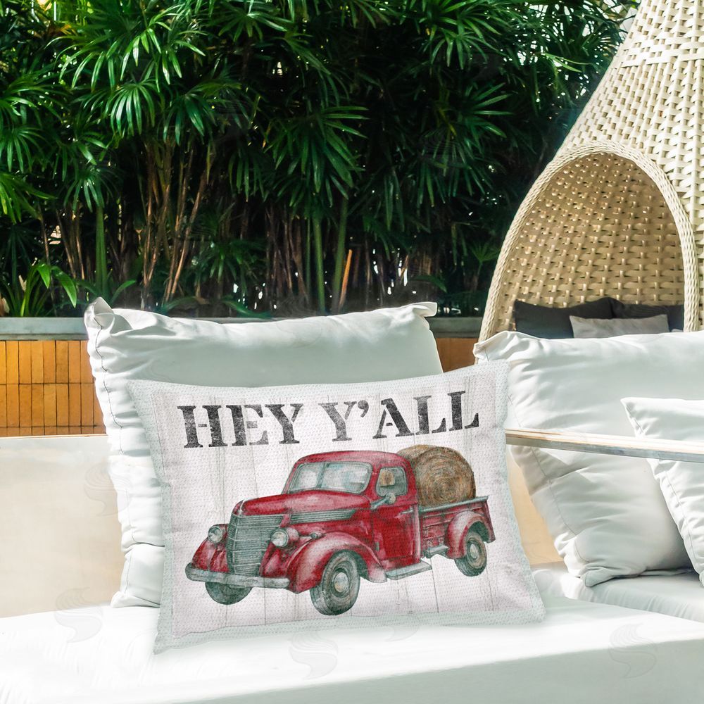 Studio 731 rep. Levison Designs Hey Y'all Rustic Truck Outdoor Quick-Dry Polyester Printed Throw Pillow in Back Yard