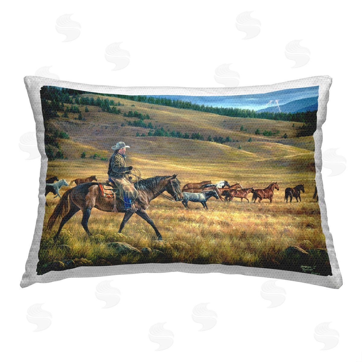 Abraham Hunter Cowboy with Horse Herd Outdoor Quick-Dry Polyester Printed Throw Pillow