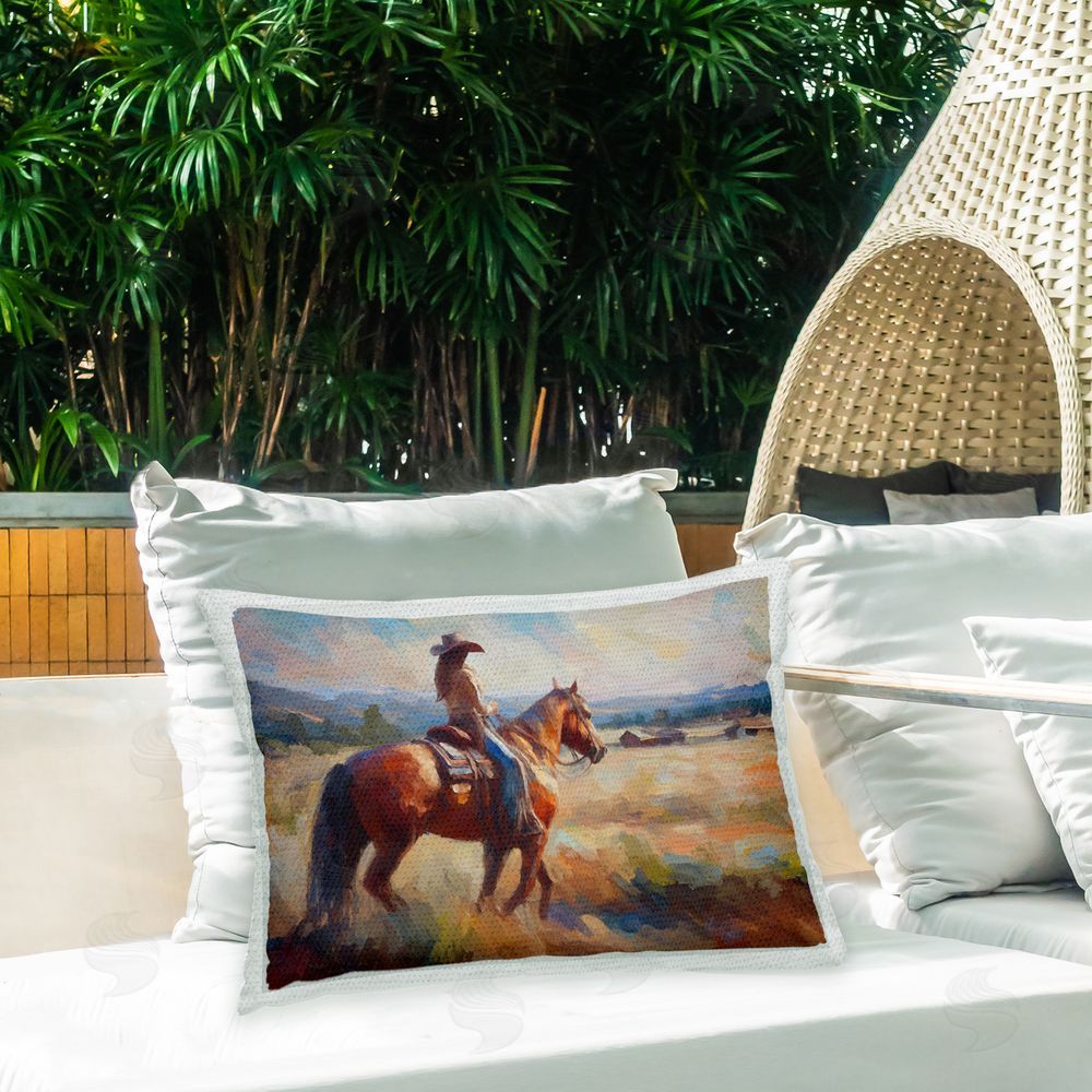 Ramona Murdock Abstract Cowgirl & Horse Outdoor Quick-Dry Polyester Printed Throw Pillow in Back Yard