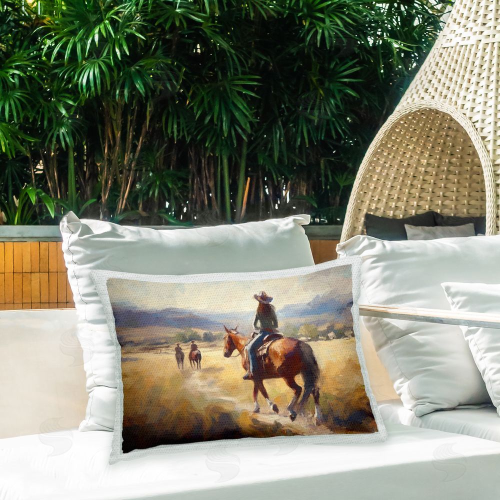 Ramona Murdock Cowgirls on Horses Outdoor Quick-Dry Polyester Printed Throw Pillow in Back Yard