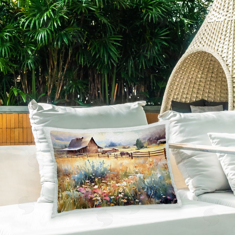Ramona Murdock Rural Meadow with Horse Outdoor Quick-Dry Polyester Printed Throw Pillow in Back Yard