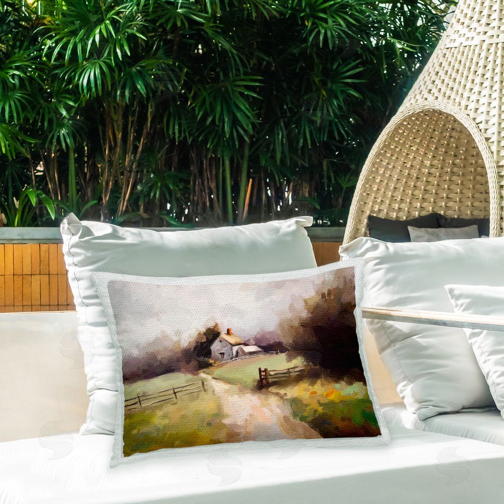 Ziwei Li Distant Countryside Barn Outdoor Quick-Dry Polyester Printed Throw Pillow in Back Yard