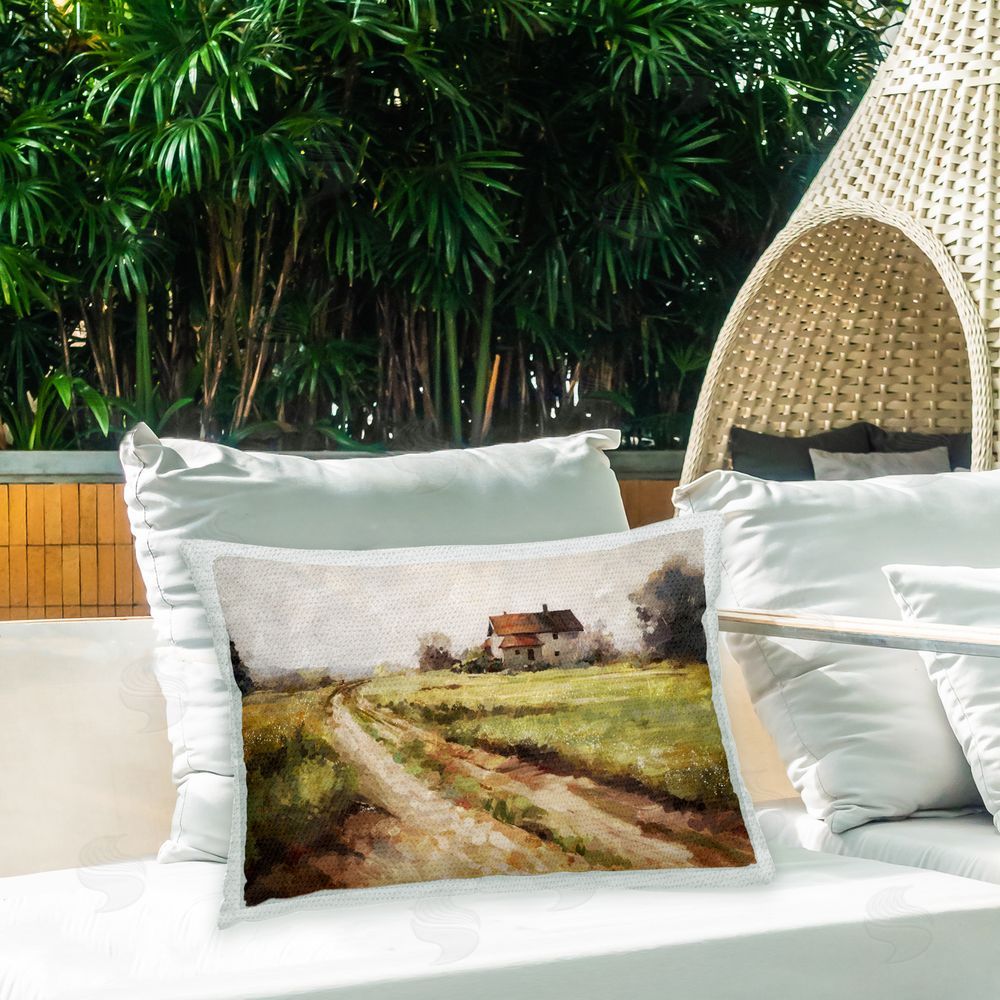 Ziwei Li Countryside Farm Path Outdoor Quick-Dry Polyester Printed Throw Pillow in Back Yard