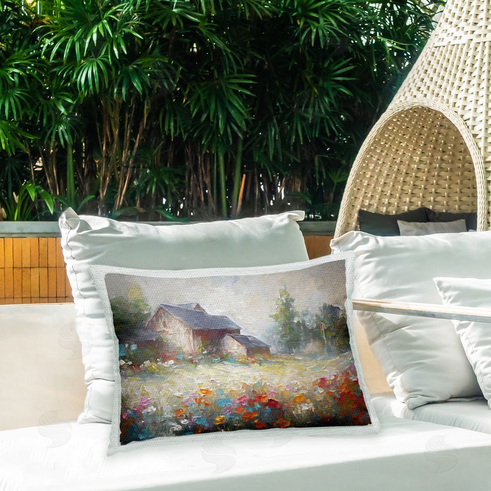 Ramona Murdock Barn with Abstract Flowers Outdoor Quick-Dry Polyester Printed Throw Pillow in Back Yard