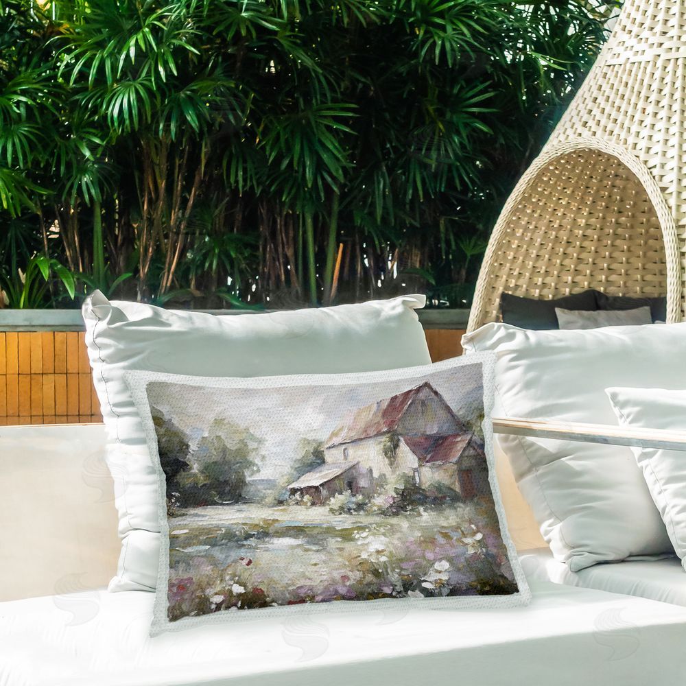 Ramona Murdock Grey Farm Meadow Outdoor Quick-Dry Polyester Printed Throw Pillow in Back Yard