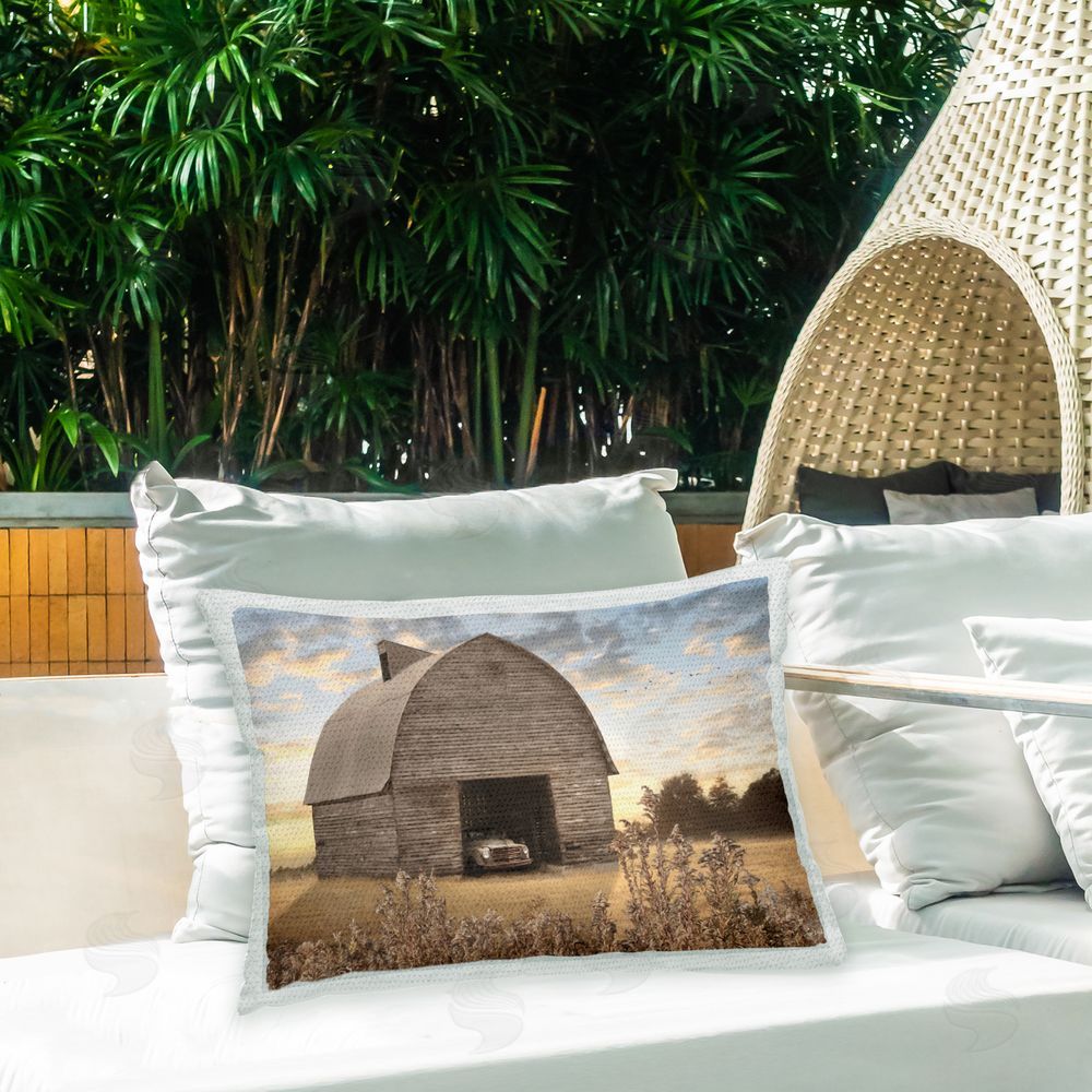Lori Deiter Barn & Truck at Sunrise Outdoor Quick-Dry Polyester Printed Throw Pillow in Back Yard