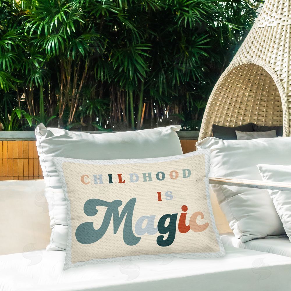 Stupell Studio Groovy Childhood Magic Phrase Outdoor Quick-Dry Polyester Printed Throw Pillow in Back Yard