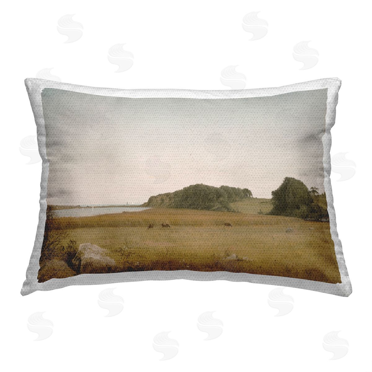 Lettered and Lined Rural Field with River Outdoor Quick-Dry Polyester Printed Throw Pillow