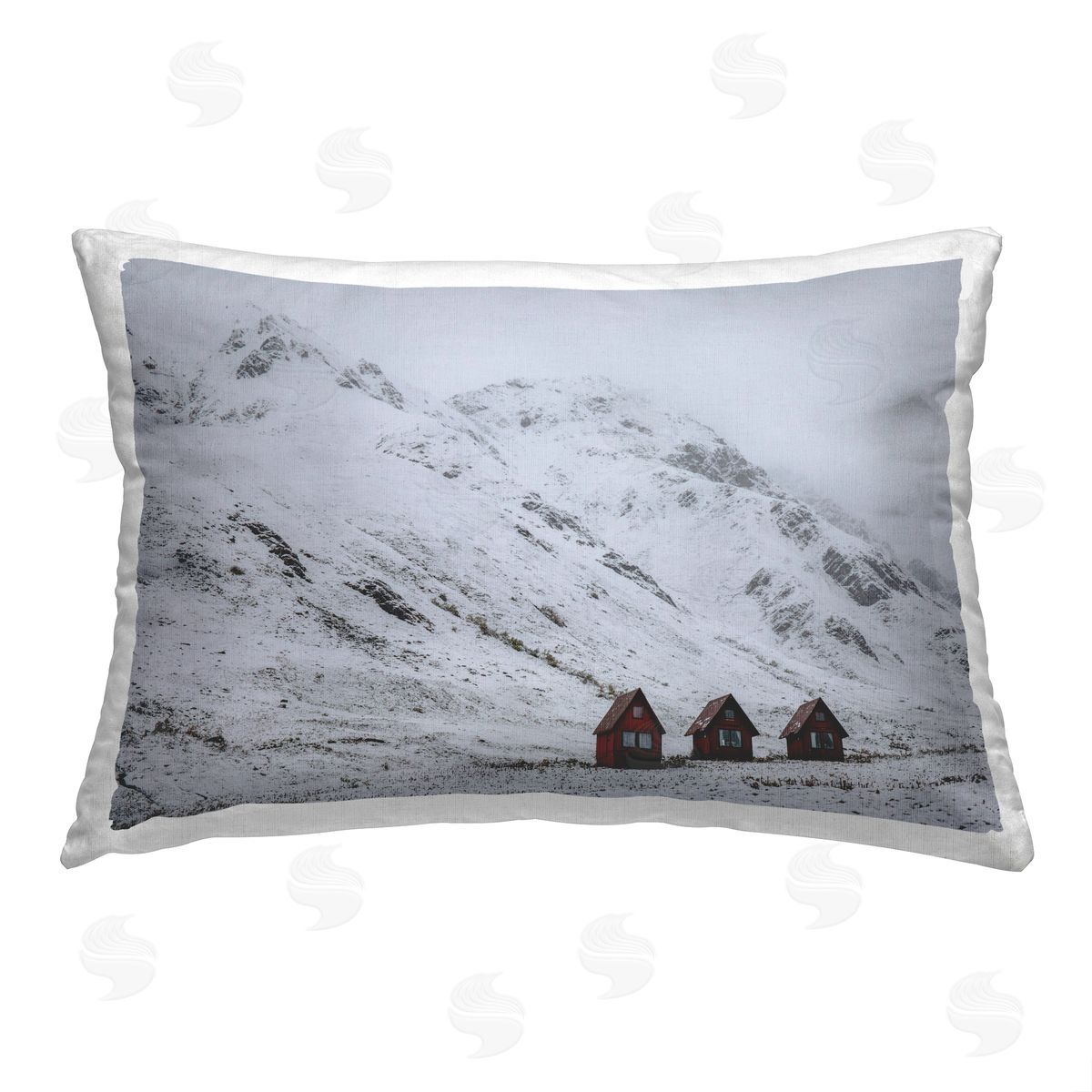 Daniel Sproul Cabins Among Snowy Peaks Printed Plush Polyester Throw Pillow