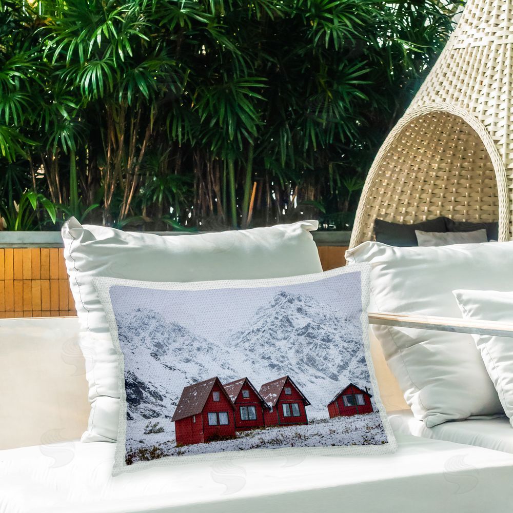 Daniel Sproul Red Winter Cabins Outdoor Quick-Dry Polyester Printed Throw Pillow in Back Yard