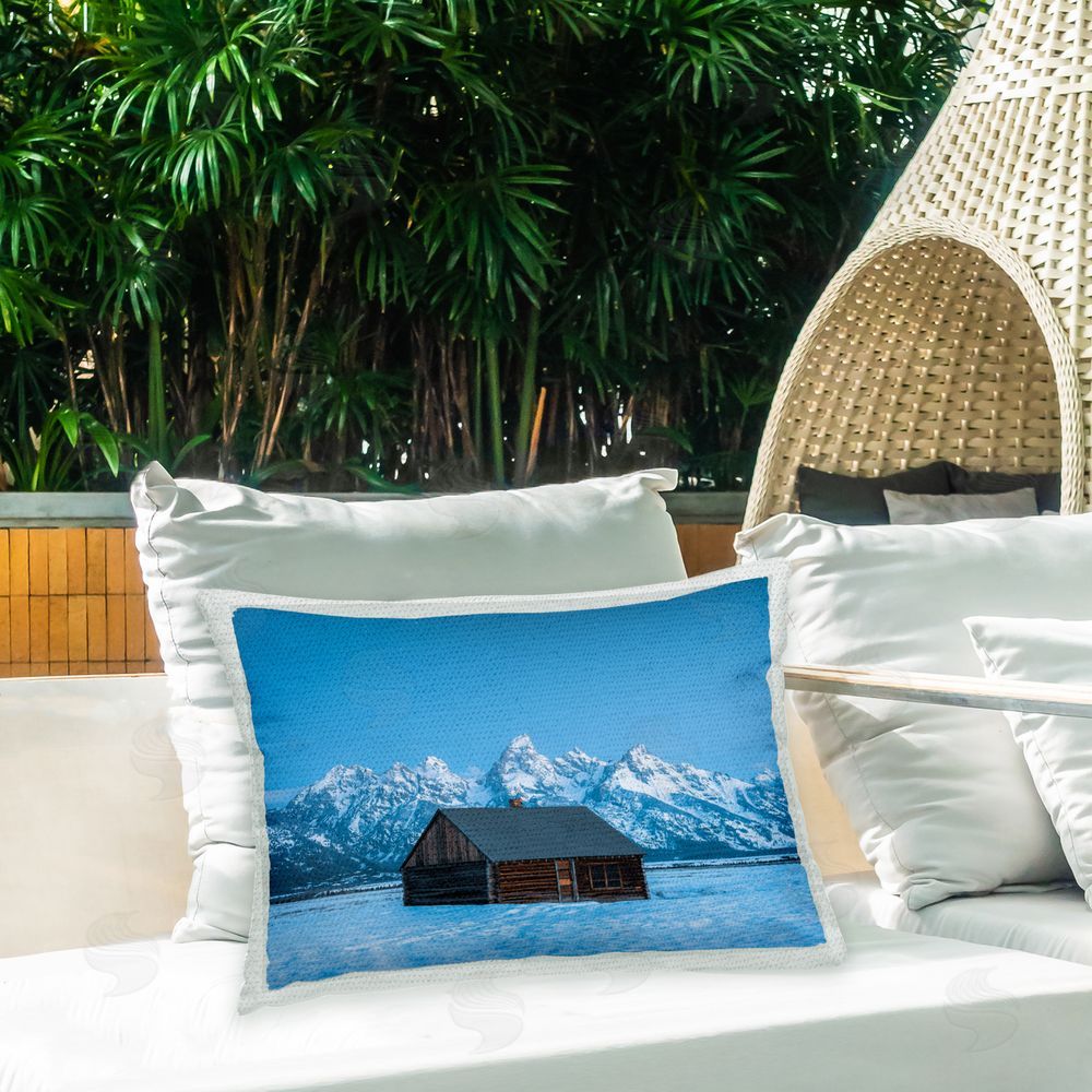 Jared Kreiss Log Cabin Snowy Scene Outdoor Quick-Dry Polyester Printed Throw Pillow in Back Yard