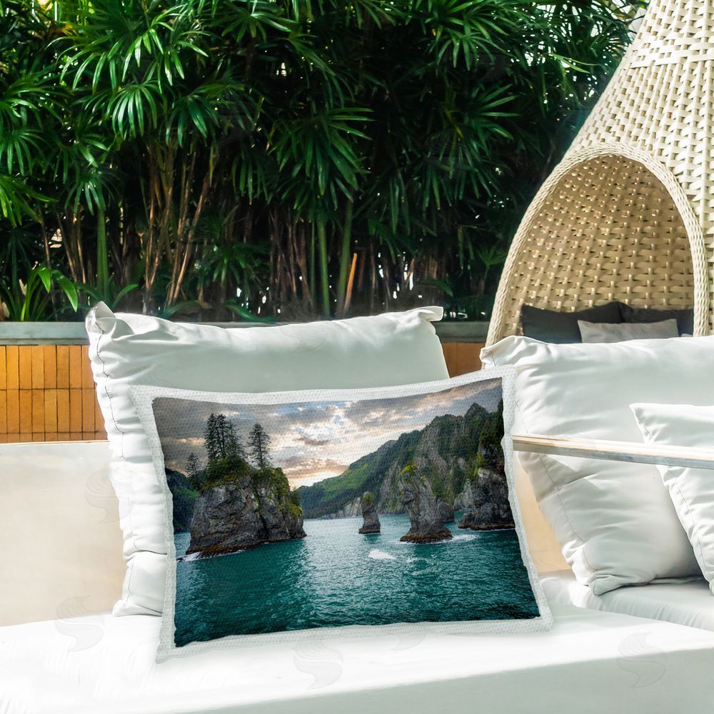 Daniel Sproul Protruding Cliffs Seascape Outdoor Quick-Dry Polyester Printed Throw Pillow in Back Yard