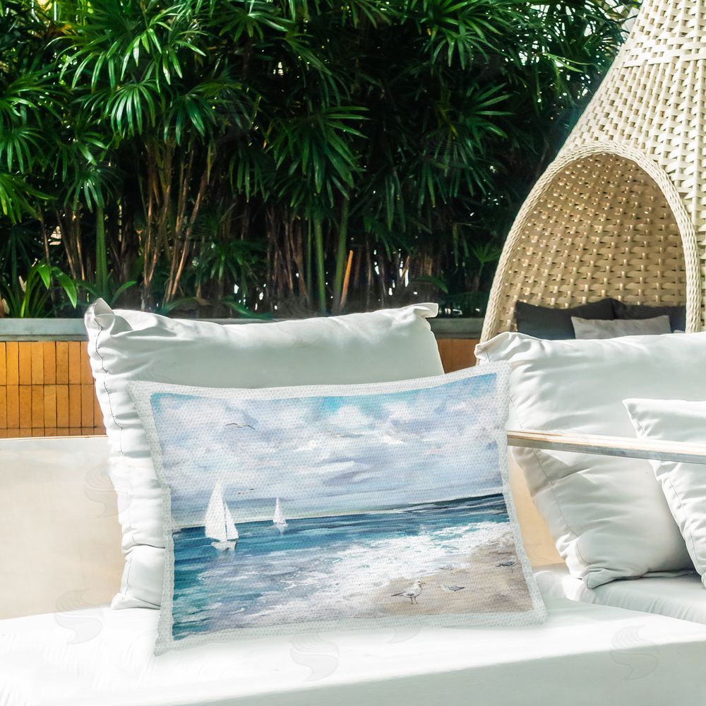 Carson Lyons Sailboats on Shoreline Outdoor Quick-Dry Polyester Printed Throw Pillow in Back Yard