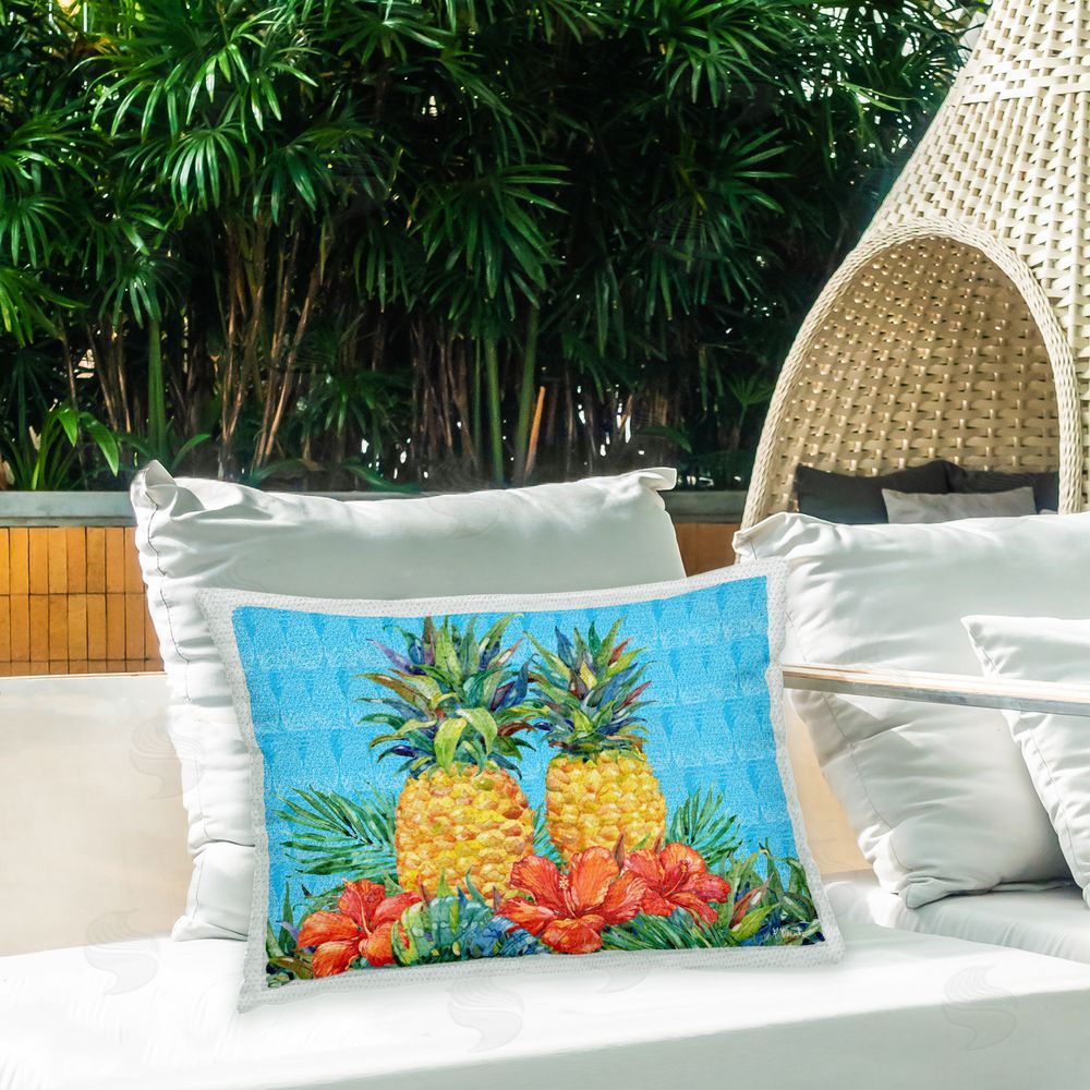 Paul Brent Bold Pineapples & Hibiscus Outdoor Quick-Dry Polyester Printed Throw Pillow in Back Yard