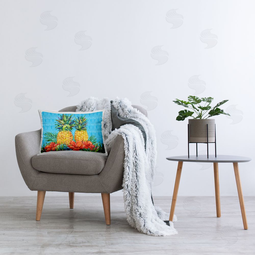 Paul Brent Bold Pineapples & Hibiscus Printed Plush Polyester Throw Pillow On Chair