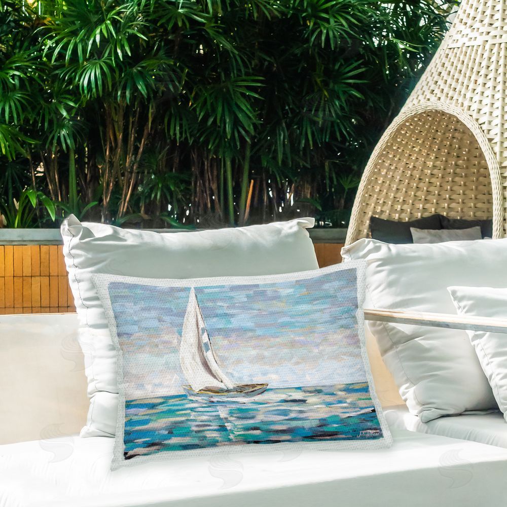 Julie DeRice Choppy Waters Sailboat Outdoor Quick-Dry Polyester Printed Throw Pillow in Back Yard