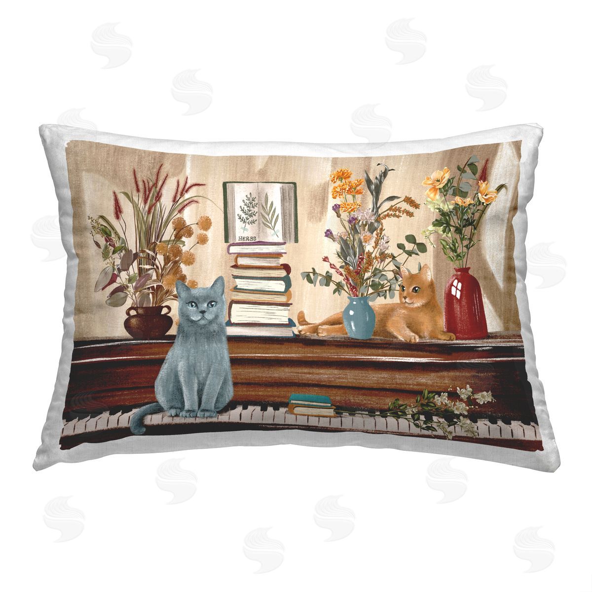 Raquel Maciel Traditional Piano & Cats Printed Plush Polyester Throw Pillow