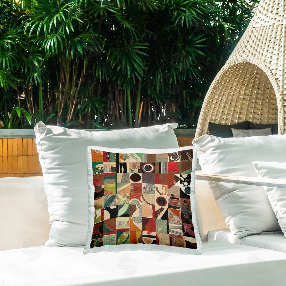 Pamela Fingado Earth Tone Geometric Collage Outdoor Quick-Dry Polyester Printed Throw Pillow in Back Yard