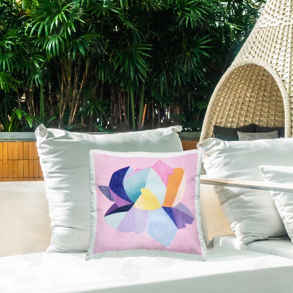 Grace Popp Geometric Flower on Pink Outdoor Quick-Dry Polyester Printed Throw Pillow in Back Yard