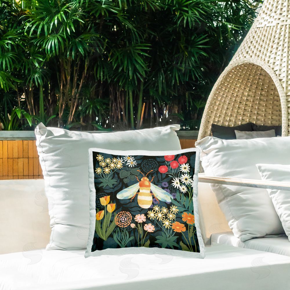 Jennifer Brinley rep. Levison Designs Patterned Bee in Garden Outdoor Quick-Dry Polyester Printed Throw Pillow in Back Yard