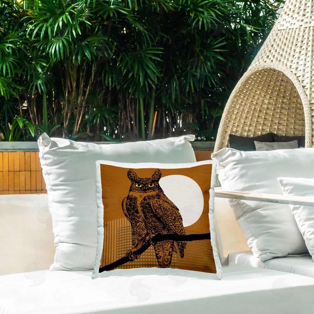Regina Moore Owl on Brown Pattern Outdoor Quick-Dry Polyester Printed Throw Pillow in Back Yard