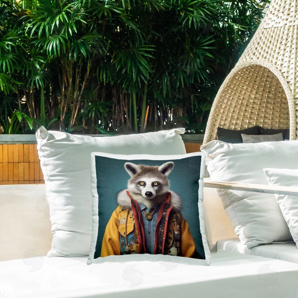 Lazar Studio Raccoon in Stylish Coat Outdoor Quick-Dry Polyester Printed Throw Pillow in Back Yard