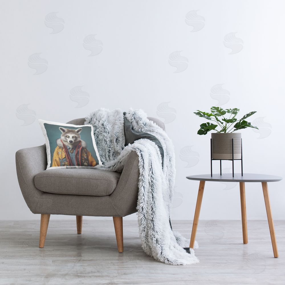 Lazar Studio Raccoon in Stylish Coat Printed Plush Polyester Throw Pillow On Chair