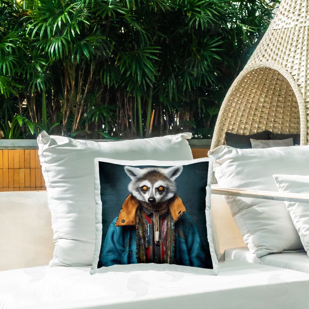 Lazar Studio Raccoon in Trendy Jacket Outdoor Quick-Dry Polyester Printed Throw Pillow in Back Yard