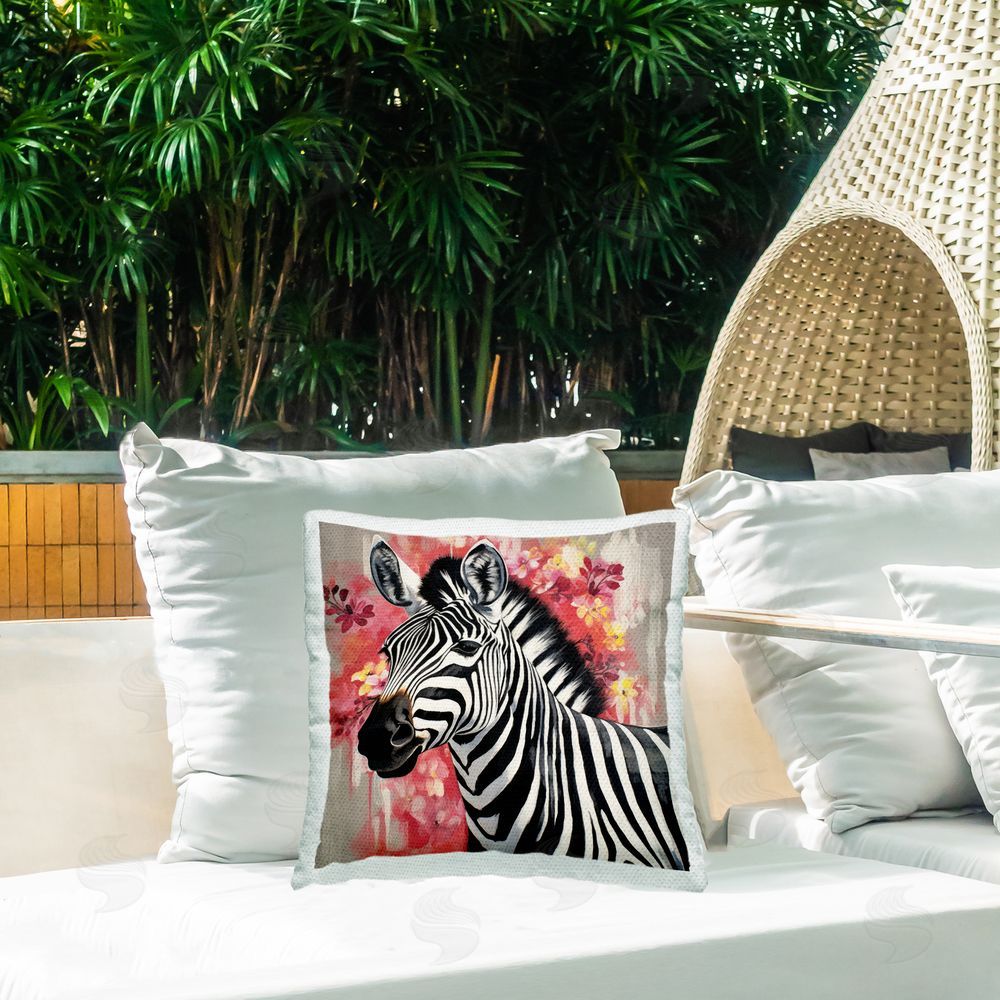 Lazar Studio Zebra with Modern Flowers Outdoor Quick-Dry Polyester Printed Throw Pillow in Back Yard