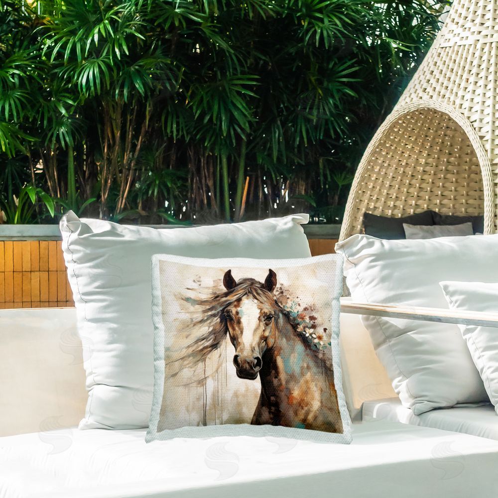 Lazar Studio Rustic Farm Horse Portrait Outdoor Quick-Dry Polyester Printed Throw Pillow in Back Yard