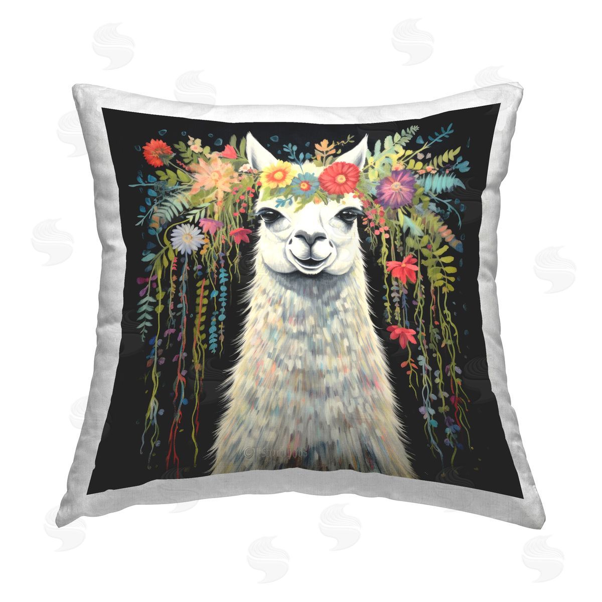 Lazar Studio Floral Llama on Black Printed Plush Polyester Throw Pillow